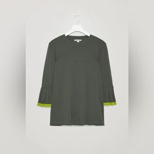 COS - Dark Green 3/4 Pleated Bell Sleeves Top with Lime Accents
